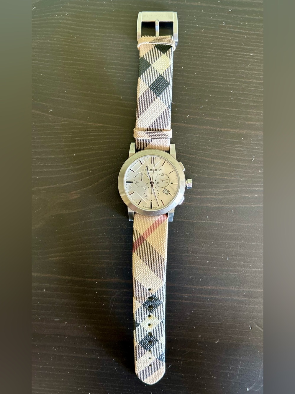 Burberry Tan Black Check Canvas Strap Silver Chronograph Watch